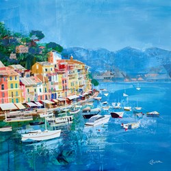 Summer Sun, Portofino by Tom Butler - Original Collage on Board sized 30x30 inches. Available from Whitewall Galleries